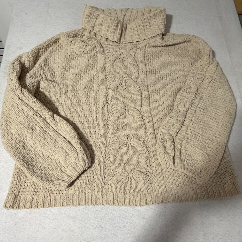 Seven7 Women XL Beige Cable Knit Turtleneck Balloon Sleeve Oversized Sweater